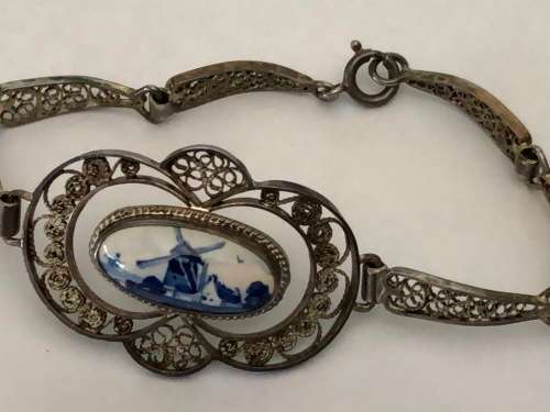 ANTIQUE DELFT & SILVER PLATED BRACELET - PERFECT CONDITION