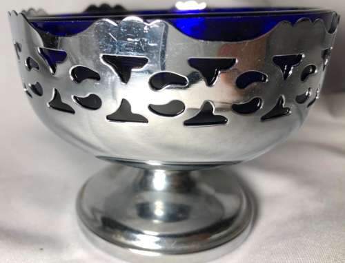 SUGAR BOWL - BLUE GLASS & SILVER PLATED