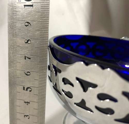 SUGAR BOWL - BLUE GLASS & SILVER PLATED