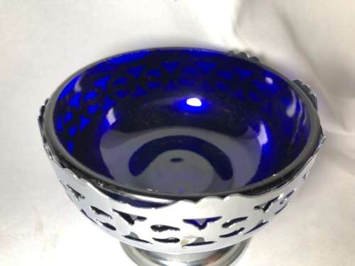 SUGAR BOWL - BLUE GLASS & SILVER PLATED