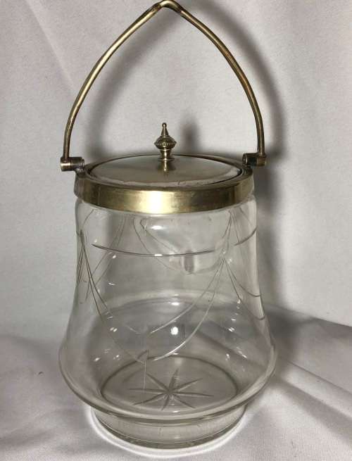 VERY RARE ANTIQUE CUT GLASS & SILVER PLATED BISCUIT BARREL (16CM)