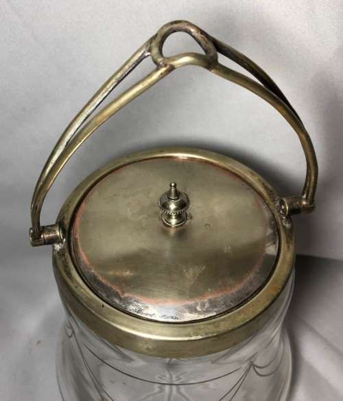 VERY RARE ANTIQUE CUT GLASS & SILVER PLATED BISCUIT BARREL (16CM)