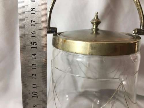 VERY RARE ANTIQUE CUT GLASS & SILVER PLATED BISCUIT BARREL (16CM)