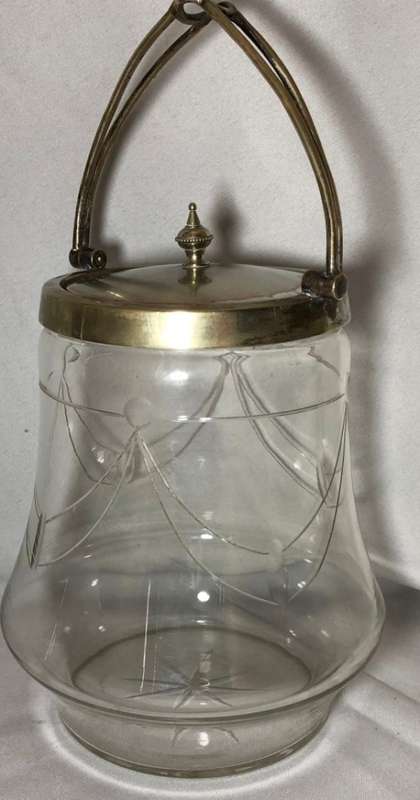 VERY RARE ANTIQUE CUT GLASS & SILVER PLATED BISCUIT BARREL (16CM)