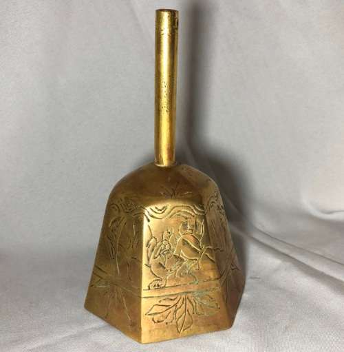 VERY UNIQUE ORIENTAL HEXAGON BRASS HAND CARVED BELL - (9.5 X 17CM (H))