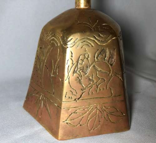 VERY UNIQUE ORIENTAL HEXAGON BRASS HAND CARVED BELL - (9.5 X 17CM (H))