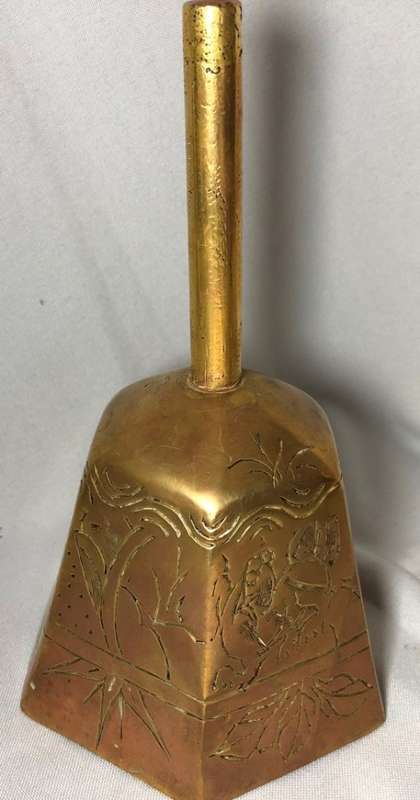 VERY UNIQUE ORIENTAL HEXAGON BRASS HAND CARVED BELL - (9.5 X 17CM (H))