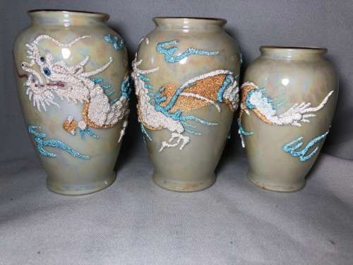 3 VERY UNIQUE ORIENTAL MORIAGE SATSUMA PORCELAIN VASES