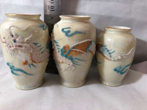3 VERY UNIQUE ORIENTAL MORIAGE SATSUMA PORCELAIN VASES
