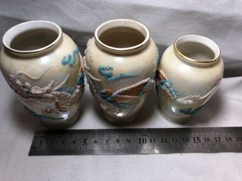 3 VERY UNIQUE ORIENTAL MORIAGE SATSUMA PORCELAIN VASES