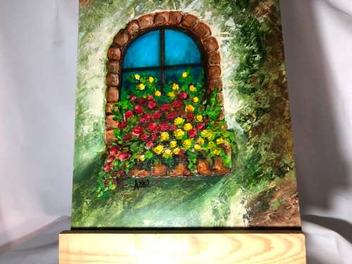 WINDOW GARDEN PAINTING BY ANLI - SMALL EASEL INCLUDED