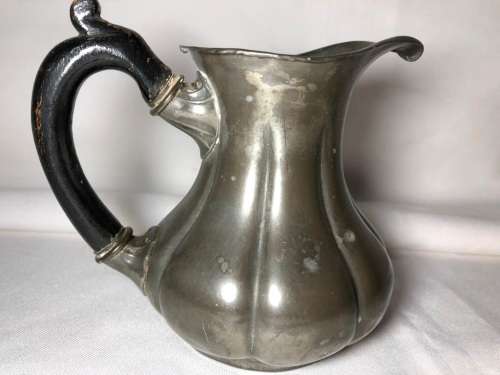 VINTAGE PEWTER MILK JUG WITH WOODEN HANDLE MARKED S X F