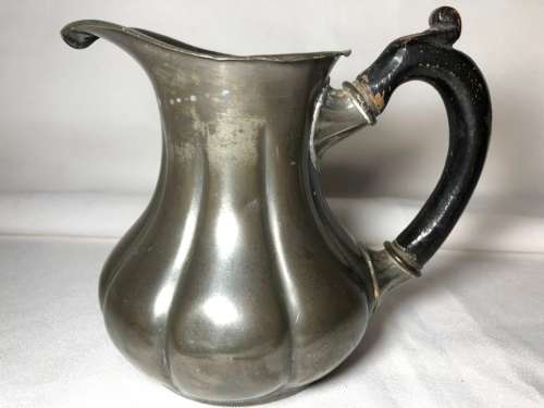VINTAGE PEWTER MILK JUG WITH WOODEN HANDLE MARKED S X F