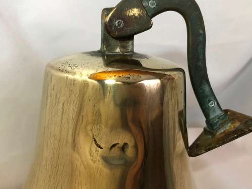 VINTAGE BRASS SHIPS BELL WITH BRASS CLAPPER - LOADS OF CHARACTER - 18CM AT BASE