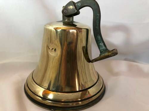 VINTAGE BRASS SHIPS BELL WITH BRASS CLAPPER - LOADS OF CHARACTER - 18CM AT BASE