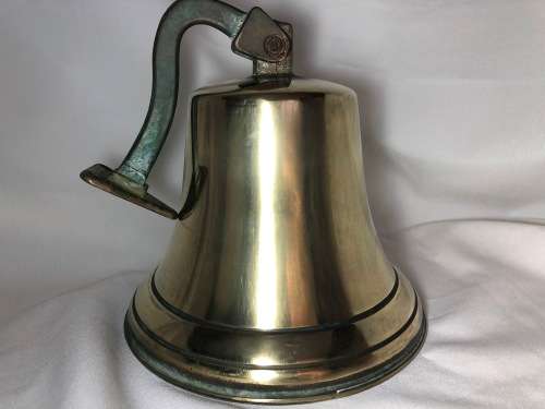 VINTAGE BRASS SHIPS BELL WITH BRASS CLAPPER - LOADS OF CHARACTER - 18CM AT BASE