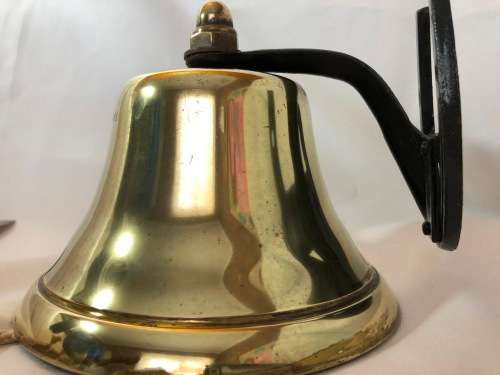 VINTAGE BRASS SHIPS BELL - INSCRIBED `CHANIC CHANTIER NAVAL LEOPOLDVILLE` - 15 CM AT BASE