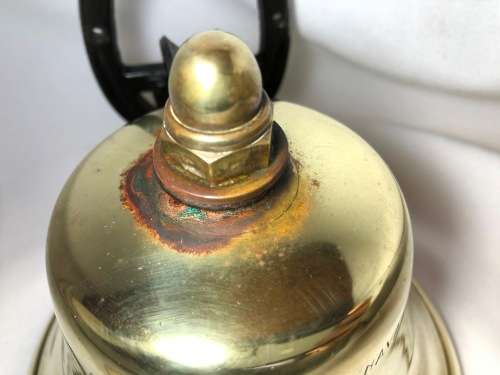 VINTAGE BRASS SHIPS BELL - INSCRIBED `CHANIC CHANTIER NAVAL LEOPOLDVILLE` - 15 CM AT BASE