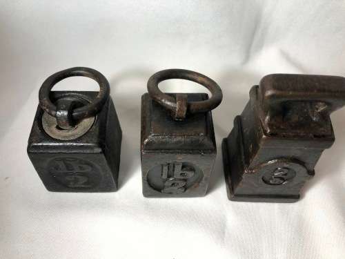 3 ANTIQUE CAST IRON SCALE WEIGHTS