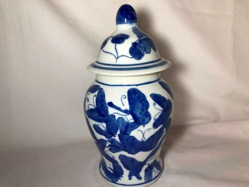 Stunning Genuine Ming Blue and White Butterfly and Floral Design Porcelain Vase with Lid