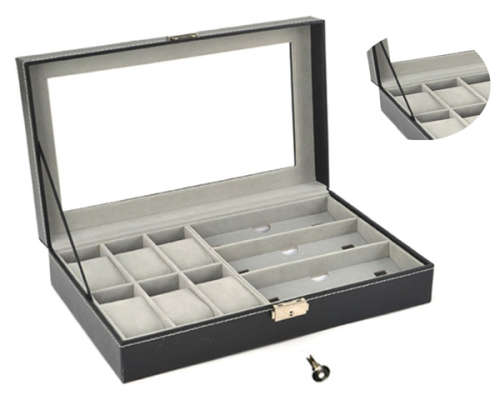 PU Leather 6 Watch Organizer Box and 3 Piece Eyeglasses Storage and Sunglass Glasses Display Case