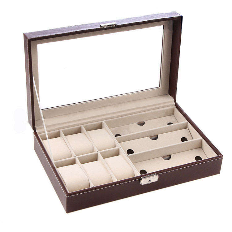 PU Leather 6 Watch Organizer Box and 3 Piece Eyeglasses Storage and Display Case Organizer