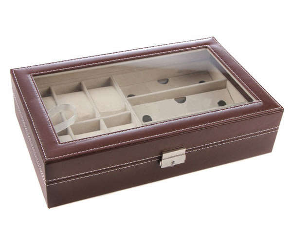PU Leather 6 Watch Organizer Box and 3 Piece Eyeglasses Storage and Display Case Organizer