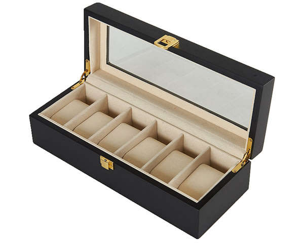 6 Slot Black Wood Watch Display Case Jewelry Storage Organizer