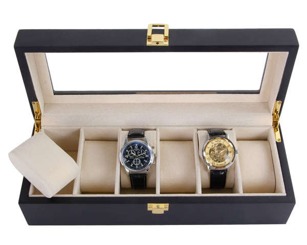 6 Slot Black Wood Watch Display Case Jewelry Storage Organizer