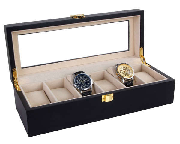 6 Slot Black Wood Watch Display Case Jewelry Storage Organizer
