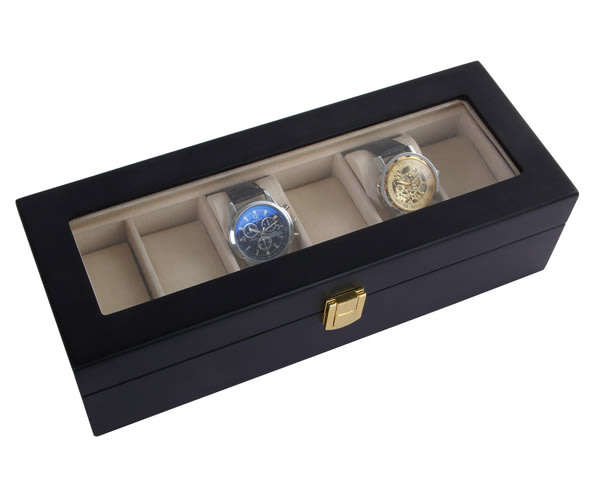 6 Slot Black Wood Watch Display Case Jewelry Storage Organizer