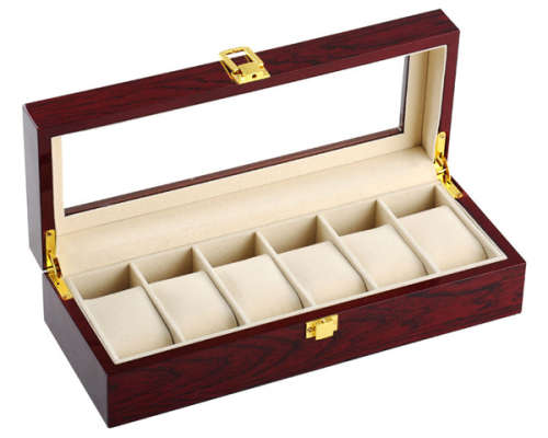 Elegant Cherry Wood 6 Grid Watch Display Collection Case Jewelry Storage Organizer