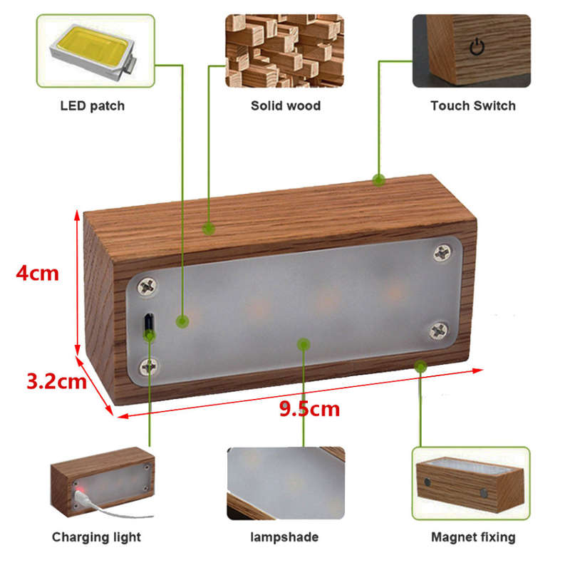 Creative Solid Wood LED Night Light for Bedroom Bedside - Rectangle Unboxed
