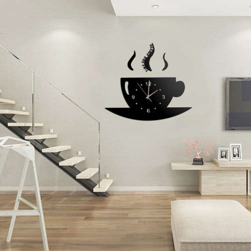 Modern 3D DIY Coffee Time Acrylic Wall Clock Decorative - Black Unboxed
