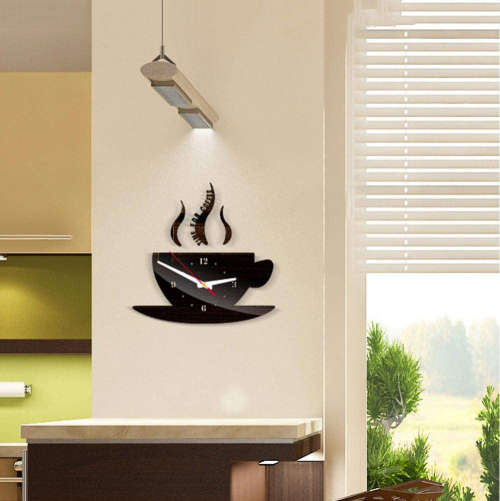 Modern 3D DIY Coffee Time Acrylic Wall Clock Decorative - Black Unboxed