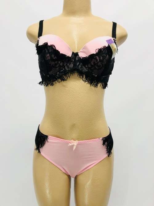 Size 38C pink bra and panty set with black lace