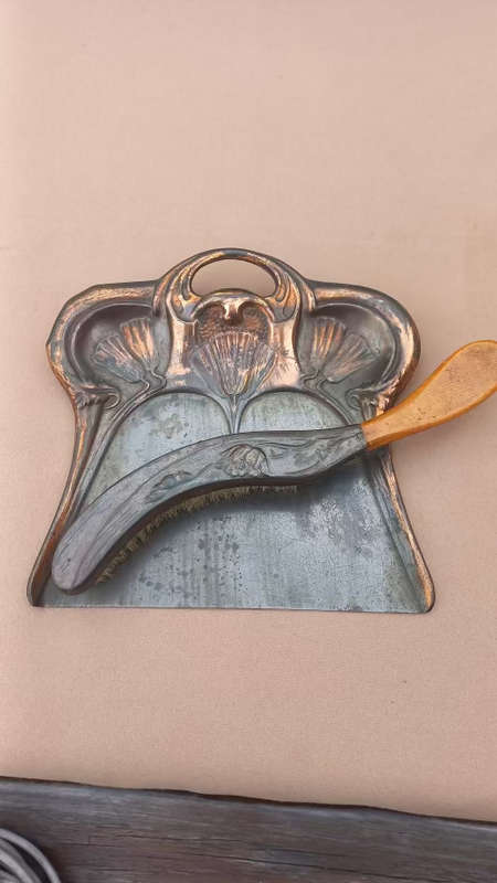Art Nouveu copper crumb tray and brush