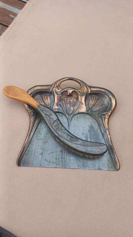 Art Nouveu copper crumb tray and brush