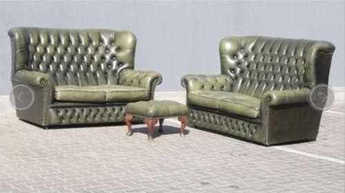 Collection Only - Antique Green Leather High Back Chesterfield Sofas and Ottoman