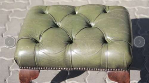 Collection Only - Antique Green Leather High Back Chesterfield Sofas and Ottoman