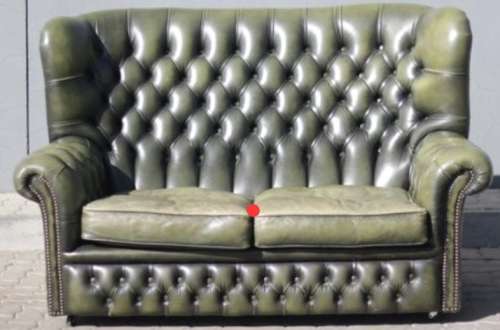 Collection Only - Antique Green Leather High Back Chesterfield Sofas and Ottoman