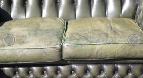 Collection Only - Antique Green Leather High Back Chesterfield Sofas and Ottoman