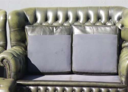 Collection Only - Antique Green Leather High Back Chesterfield Sofas and Ottoman