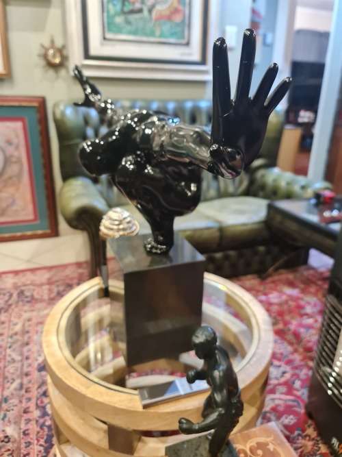 Crouching Man Resin Sculpture on Granite Stand