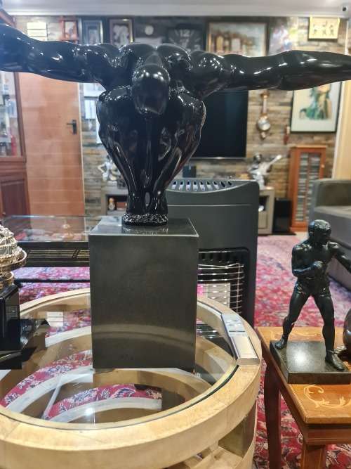 Crouching Man Resin Sculpture on Granite Stand