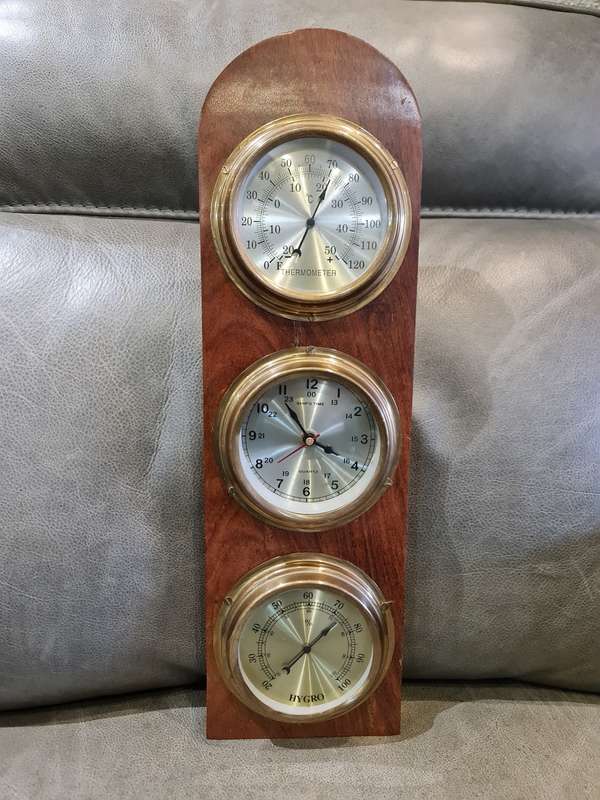 Vintage Weather Station With Hydrometer, Clock and Thermometer
