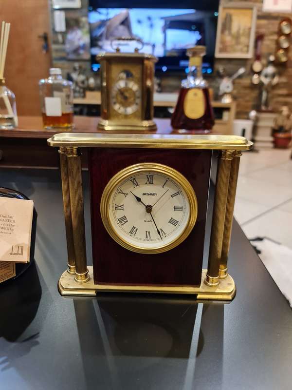 Vintage Gold and Woodgrain Staiger Tabletop Clock