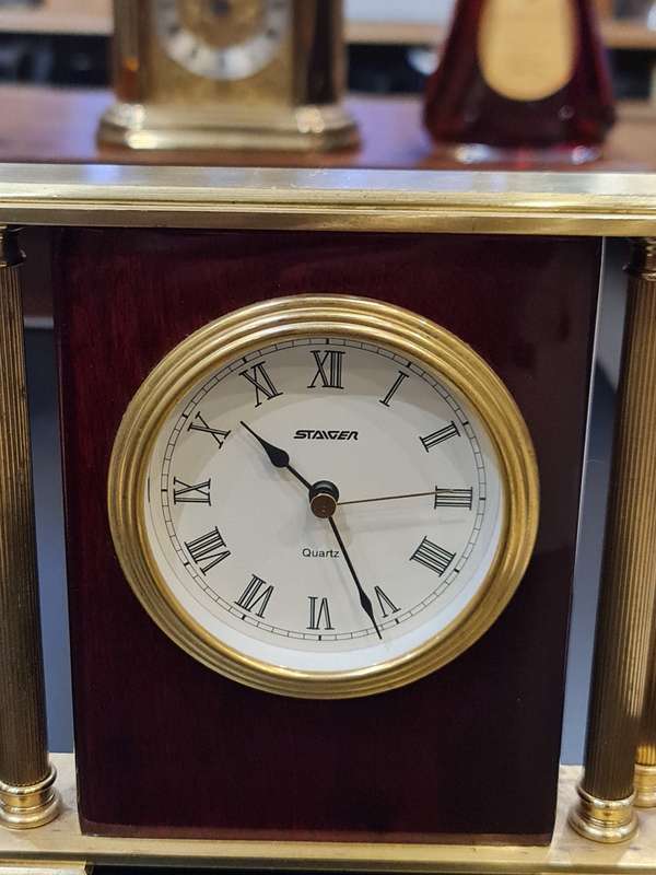 Vintage Gold and Woodgrain Staiger Tabletop Clock