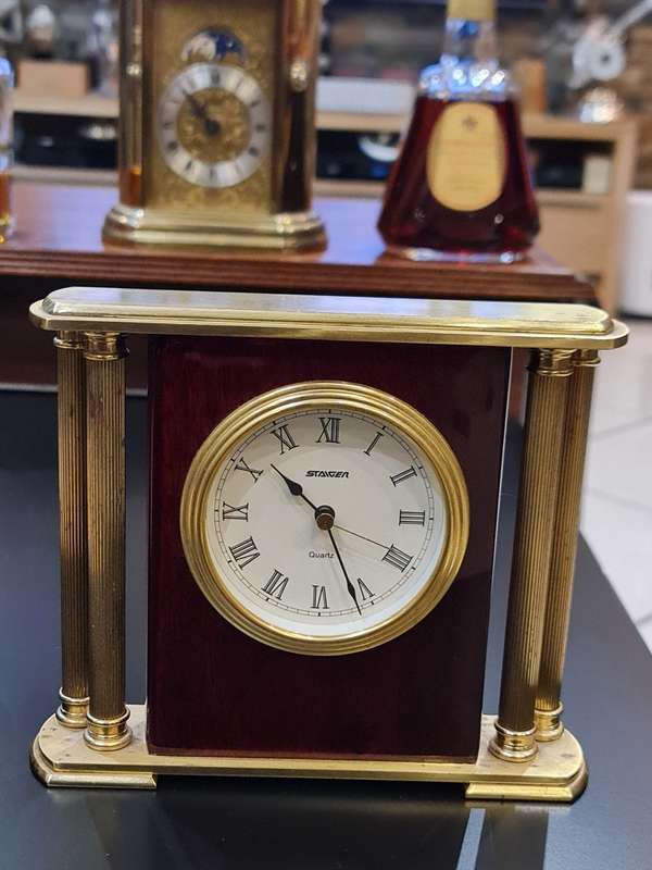 Vintage Gold and Woodgrain Staiger Tabletop Clock