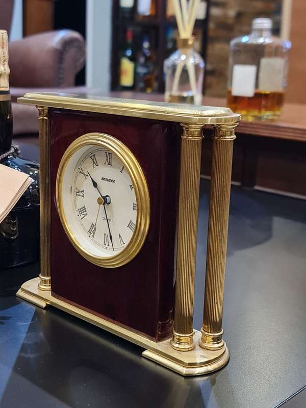 Vintage Gold and Woodgrain Staiger Tabletop Clock
